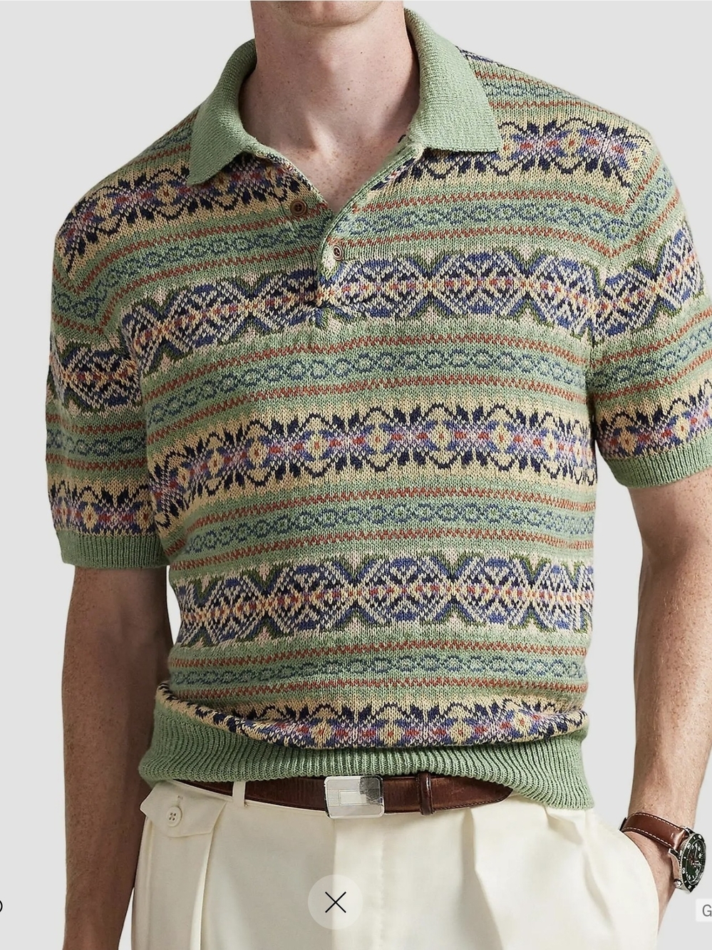 Polo Ralph Lauren Linen-Cotton-Cashmere Fair-Isle Polo-Collar Sweater MSRP $468